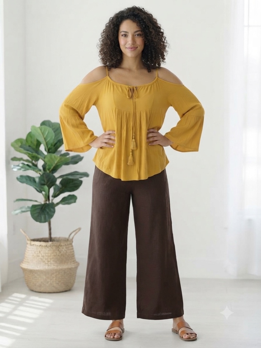Andthewhy Boho Cold-Shoulder Mustard Top with Tassel